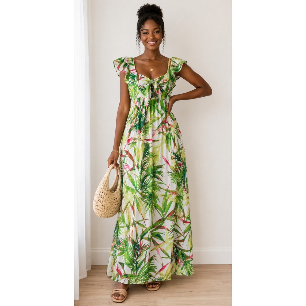 Taylor Green White Tropical Ruffle Maxi Dress Sweetheart Tie Palm 4 Cruisewear